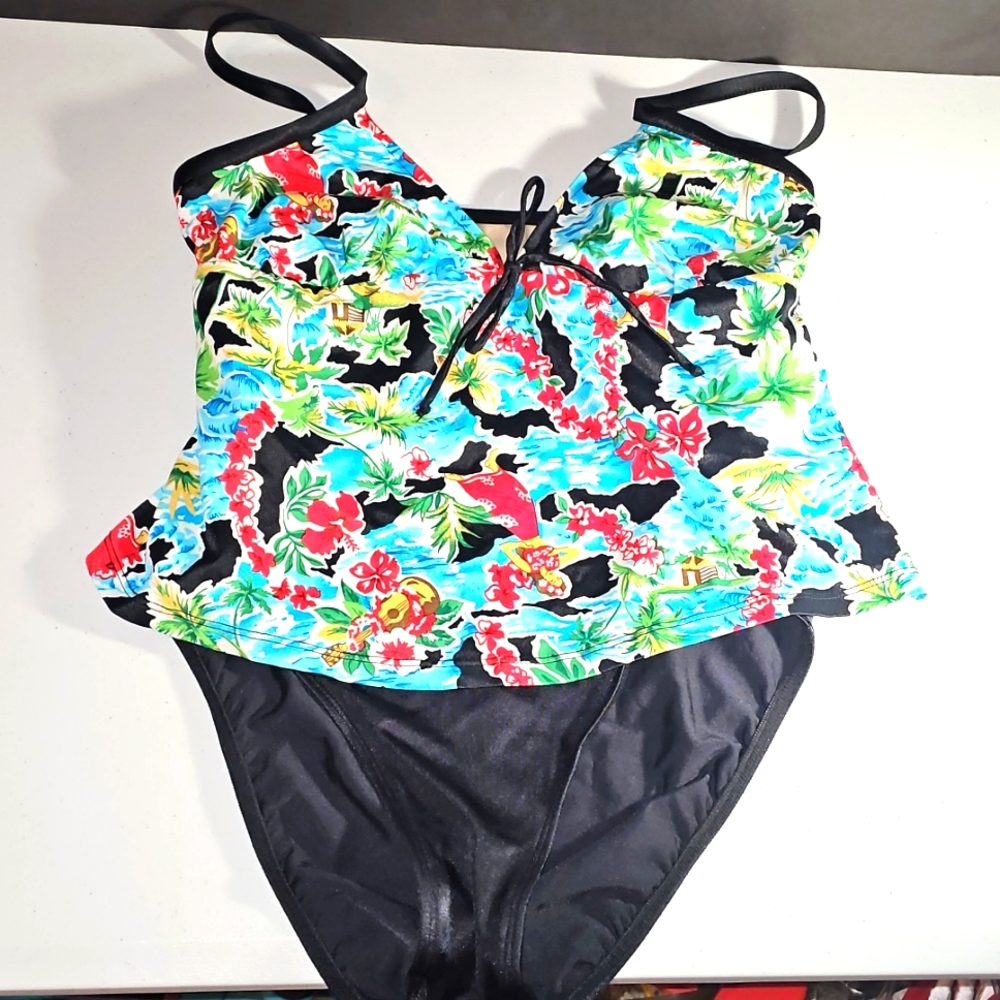 Beach Cabana Hawaii Girl Palm Swimsuit One Piece Modest Sz Lg VGUC